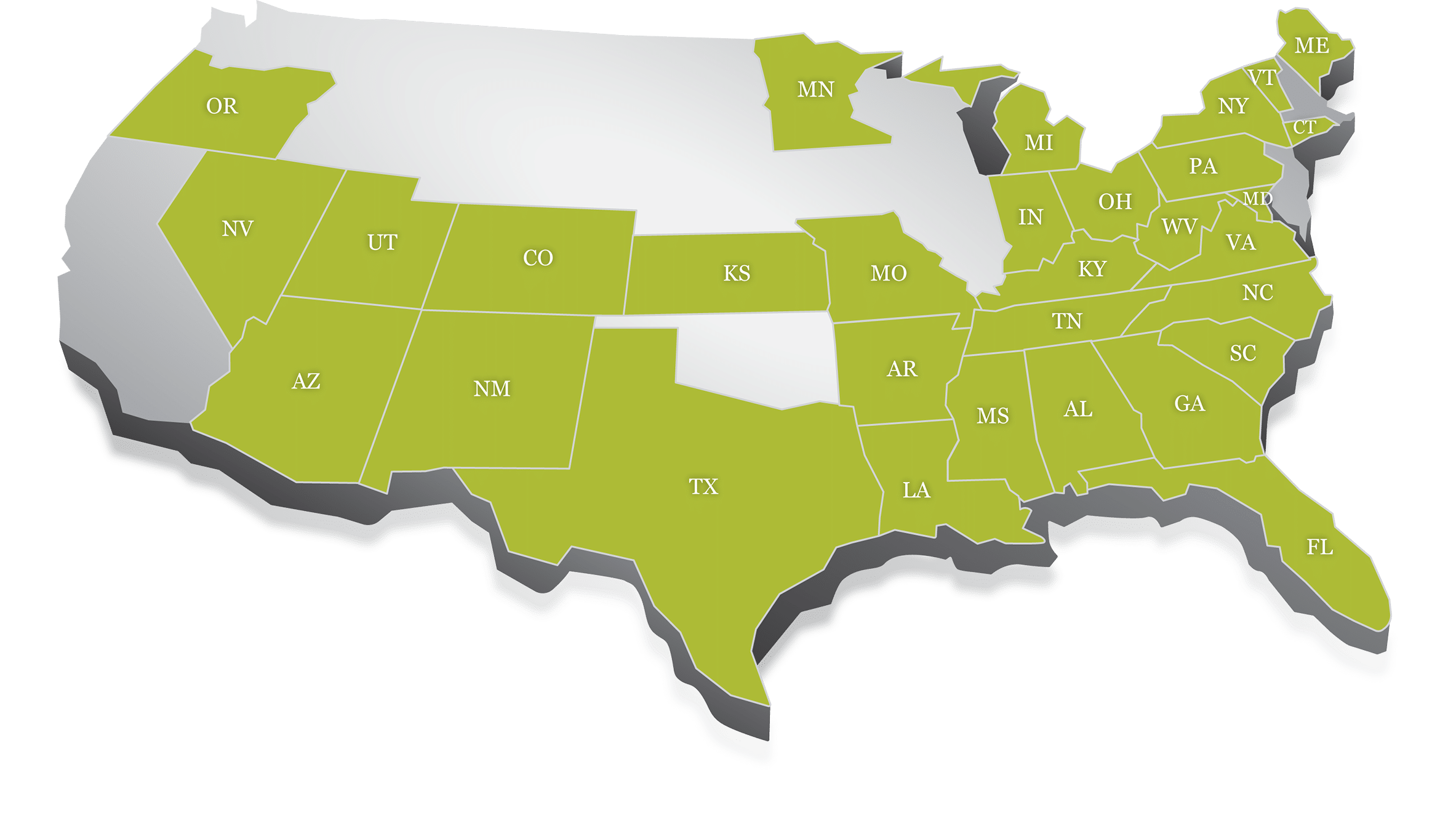 United States isometric map with licensed states filled in with lime green color.